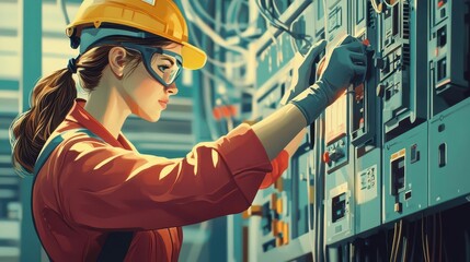 empowering illustration of a female electrician confidently working on an electric switchboard dynamic pose and detailed rendering of tools and equipment highlight skill and professionalism