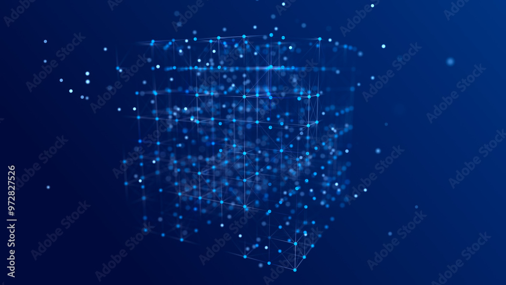 Poster Information storage cells. Abstract background with dots and lines. Network connection structure. Big data digital background. 3D rendering.