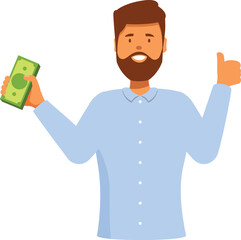 Successful smiling businessman holding banknote and gesturing thumb up