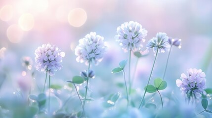 Fototapeta premium enchanted clover meadow macro view of delicate wildflowers soft morning light bokeh effect dewdrops glistening dreamy pastel palette ethereal nature scene