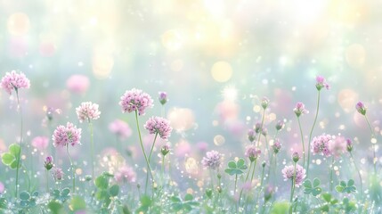 Fototapeta premium enchanted clover meadow macro view of delicate wildflowers soft morning light bokeh effect dewdrops glistening dreamy pastel palette ethereal nature scene