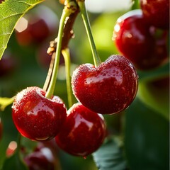 A close-up of red cherries on the vine, their glossy skin gleaming in the sunlight