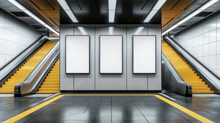 Fototapeta premium Mockup of three digital displays in a subway station between escalators. Ideal for branding, advertising, and showcasing digital campaigns in a public space.