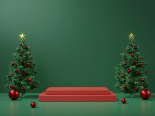 3D illustration with realistic Christmas display decoration with tree and red shiny balls with sparkling stars on a dark green gradient background.