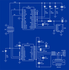 Schematic diagram of electronic device.
Vector drawing electrical circuit with capacitor, led,
resistor, port usb, integrated circuit, connector,
microcontroller, other electronic components.