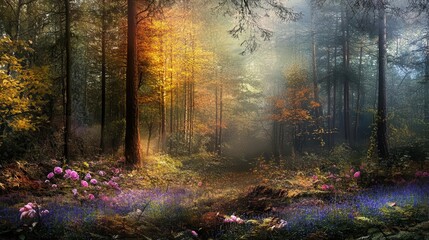 enchanted forest panorama blending seasons featuring autumnal pine trees alongside vibrant summer roses and ethereal bluebells creating a magical and surreal natural landscape