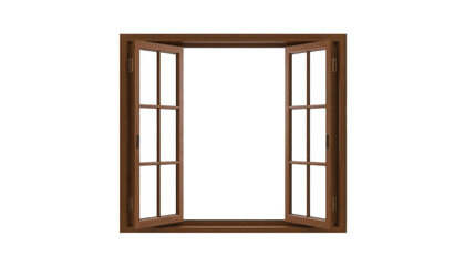 Obraz premium A wooden window frame with open double sash showcasing a clear background for versatile design use
