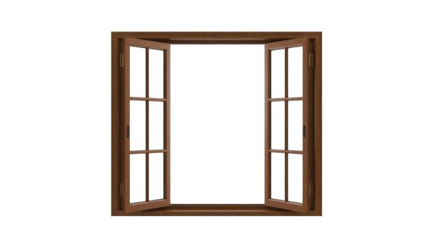 A wooden window frame with open double sash showcasing a clear background for versatile design use