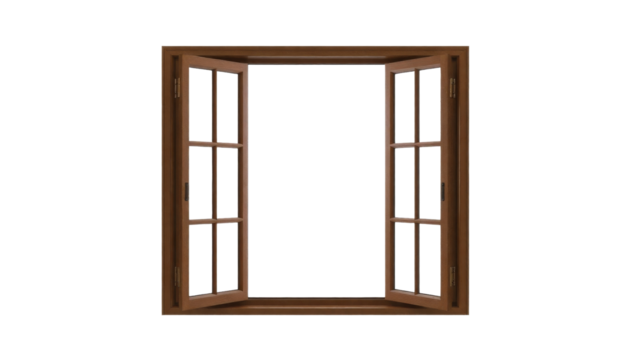 A wooden window frame with open double sash showcasing a clear background for versatile design use