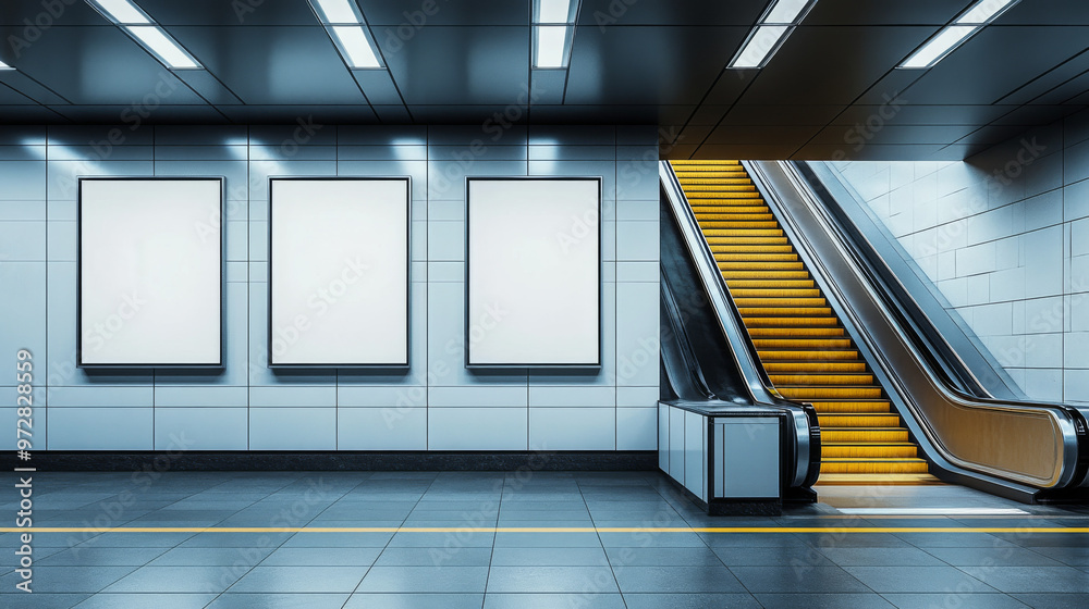 Wall mural mockup of a digital display in a modern subway station with escalators. perfect for showcasing adver
