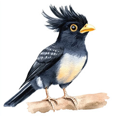 cute Crested Myna watercolor clipart illustration isolated