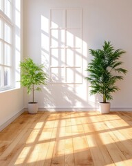 Fototapeta premium Empty Room with Sunlight Streaming Through Windows and Plants