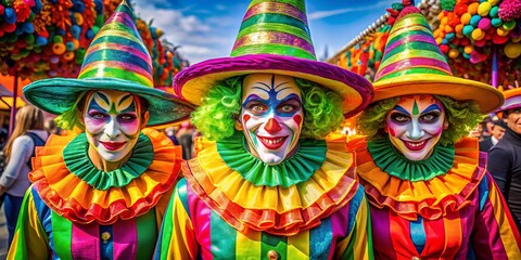 Fototapeta premium Creepy carnival worker costumes with bright colors and oversized hats