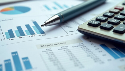 Property tax scene with a model house, contract, coins, and calculator, emphasizing investment and real estate.






