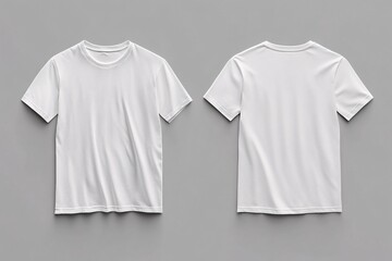 Display of a plain white t-shirt showcased from the front and back against a neutral gray background