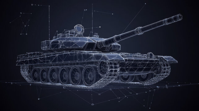 A modern vector illustration of a German main battle tank, rendered in an abstract low poly wireframe style. The tank is depicted using polygons, lines, and geometric shapes, showcasing a 3D perspecti