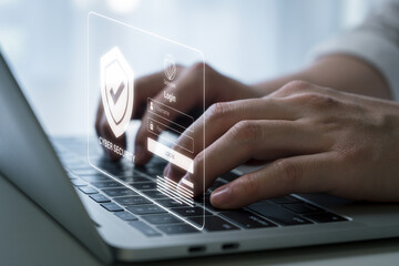 Business man using laptop computer to login network security. Personal data information protection. Internet cyber security concept.
