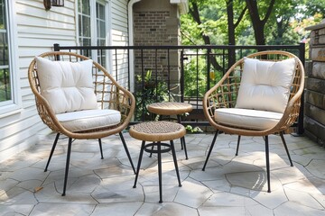 Fototapeta premium 3-piece patio set with two rattan chairs and table in light brown with black legs, white cushions, small round side tables, stone flooring, and white brick wall background.