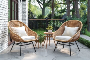 3-piece patio set with two rattan chairs and table in light brown with black legs, white cushions, small round side tables, stone flooring, and white brick wall background.
