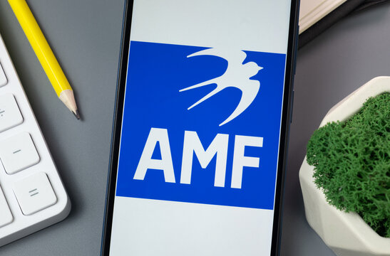 New York, USA - 30 August 2024: AMF Logo on Phone Screen, Company Icon on Display
