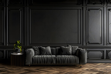 Dark living room interior background with grey sofa on gray wall and wooden flooring. Generative Ai.