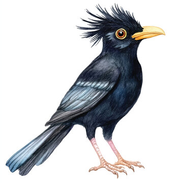 recommend clip art: cute Crested Myna watercolor clipart illustration isolated