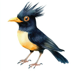 cute Crested Myna watercolor clipart illustration isolated