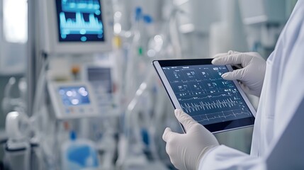 Close-up of a doctor using a handheld digital tablet while wearing protective gloves and a lab coat. The tablet screen shows patient data and diagnostic tools, with medical equipment visible