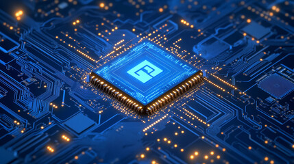 Fototapeta premium A detailed digital vector illustration showing an AI chip from a top view, set against a technology-themed blue background. The light blue microchip features an abstract circuit board design, emphasiz