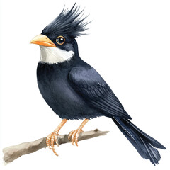 cute Crested Myna watercolor clipart illustration isolated