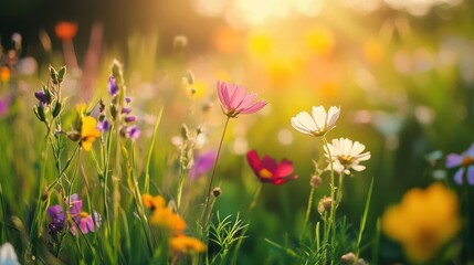 Fototapeta premium enchanting wildflower meadow in full bloom vibrant mix of colorful blossoms lush green grass sunlit scene with dreamy soft focus effect