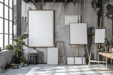 empty frames at artist's loft studio interior Mock up. Generative Ai.