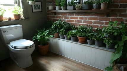 A cozy bathroom featuring a toilet and a shelf adorned with various potted plants.