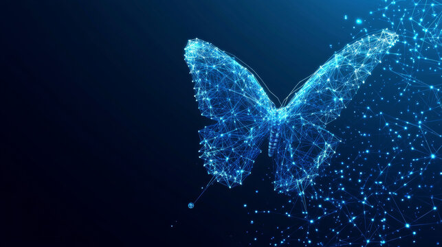 A cutting-edge vector illustration depicting an abstract butterfly in flight over a network of linked digital blocks. The design, characterized by its low poly wireframe style with a 3D isometric effe