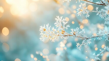 enchanting winter scene with delicate snowflakes sparkling in soft teal and gold light creating ethereal atmosphere of magical frost and icy beauty