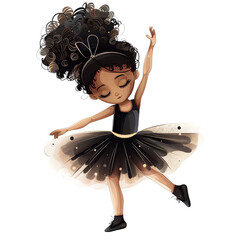 Adorable ballerina in a black tutu gracefully dancing, showcasing poise and elegance in a charming and captivating illustration.