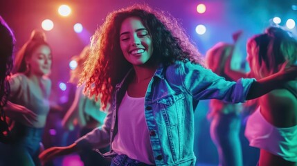 Naklejka premium energetic scene of diverse young people dancing in a vibrant nightclub colorful lighting effects and dynamic poses capture the joy and freedom of youth culture