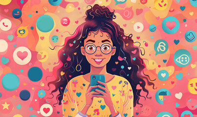 Fototapeta premium young woman holding smartphone in a colorful, vibrant digital environment filled with emojis and icons, social media messaging and communication concept