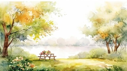 Serene Watercolor Spring Picnic Scene with Floral Frame and Tea Setting - Idyllic Nature Background Illustration