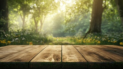 Fototapeta premium Empty wood table in a forest setting with dappled sunlight, blurred ground, and a tranquil atmosphere.