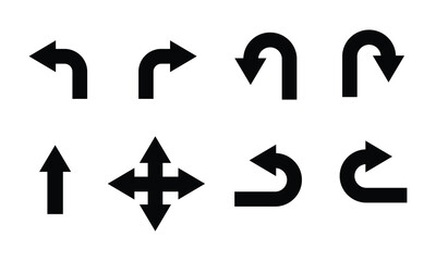 U turn arrow symbol icon set. Direction Icon Set. Go Straight This Way One Way Only U Turn Left and Right Black and White Arrow vector illustration.