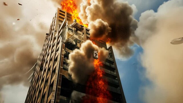 Burning Skyscraper: A dramatic and intense image of a skyscraper engulfed in flames, with plumes of smoke billowing into the sky. The fiery inferno, captured in a high-angle shot, evokes a sense of ur