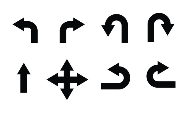 U turn arrow symbol icon set. Direction Icon Set. Go Straight This Way One Way Only U Turn Left and Right Black and White Arrow vector illustration.
