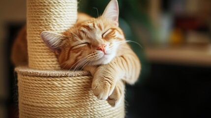 Fototapeta na wymiar A relaxed orange cat peacefully sleeping on a scratching post in a cozy indoor setting
