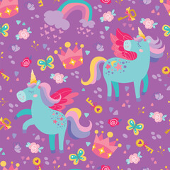 Childrens magic unicorn pattern. Cute seamless ornament hand drawn with unicorns, rainbow, stars. Vector texture for kids bedding, fabric, wallpaper, wrapping paper, textile, t-shirt.