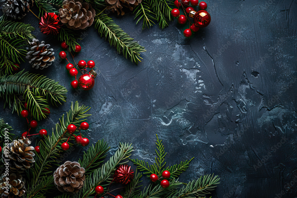 Wall mural Colorful Christmas ornaments on a Colorado spruce tree, creating a festive winter scene.