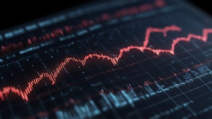 Fototapeta premium A digital stock market graph with red glowing dots and lines forming an analysis is displayed on a dark blue background