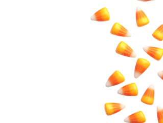 Colorful candy corn scattered on a black background, perfect for Halloween themes and autumn celebrations.