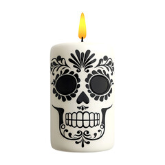 Decorative candle featuring a sugar skull design, perfect for festive occasions and celebrations like Dia de los Muertos.