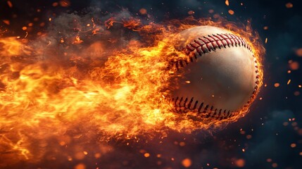 Baseball on fire flying with intense energy